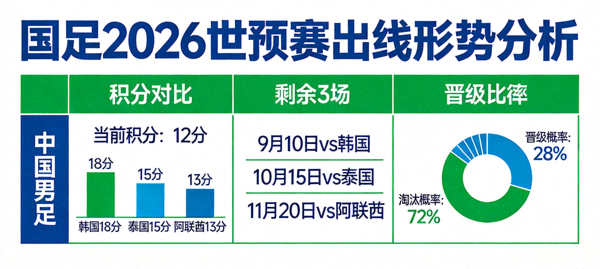 国足2026世预赛出线形势分析图，包含积分对比、剩余赛程及晋级概率数据可视化
