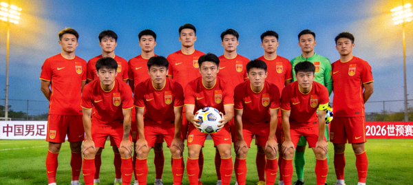 中国男足国家队2026世预赛阵容全家福，球员身穿红色战袍，背景为球场
