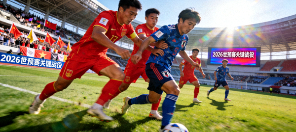 中日足球对决历史画面，国足球员与日本球员激烈拼抢，背景为2026世预赛关键战役